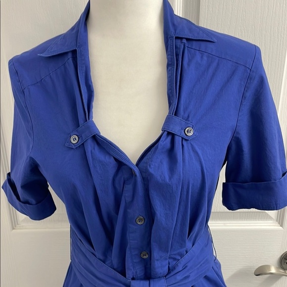 Jacob Blue Buttoned Midi Shirt Dress with Notched Collar & A-Line Skirt - Picture 2 of 14